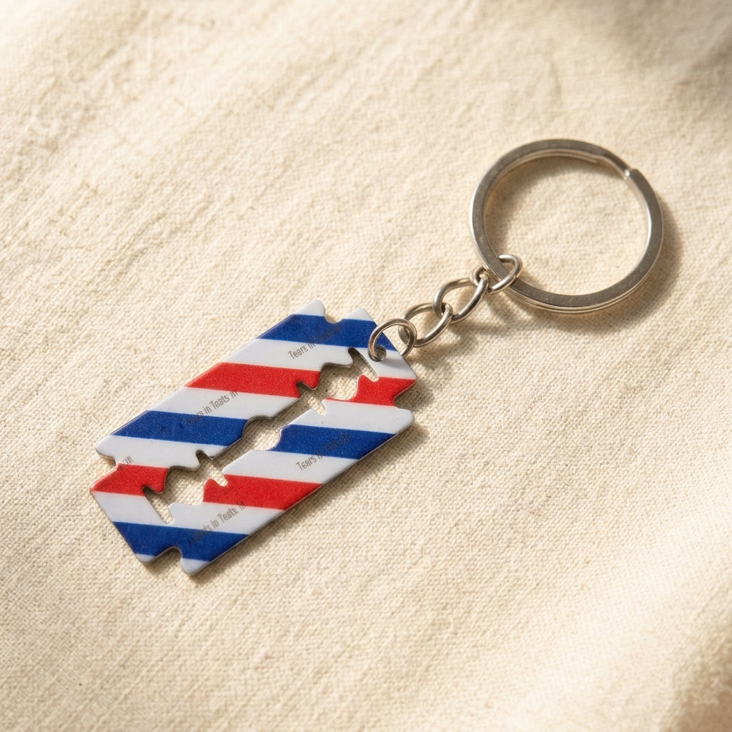 Barber Style Razor Blade Keychain, Stainless Steel, Red White Blue Striped Pattern, Mini Size, Decorative Key Ring Accessory | Jewellery Making Tools | Toolsmith Ltd UK