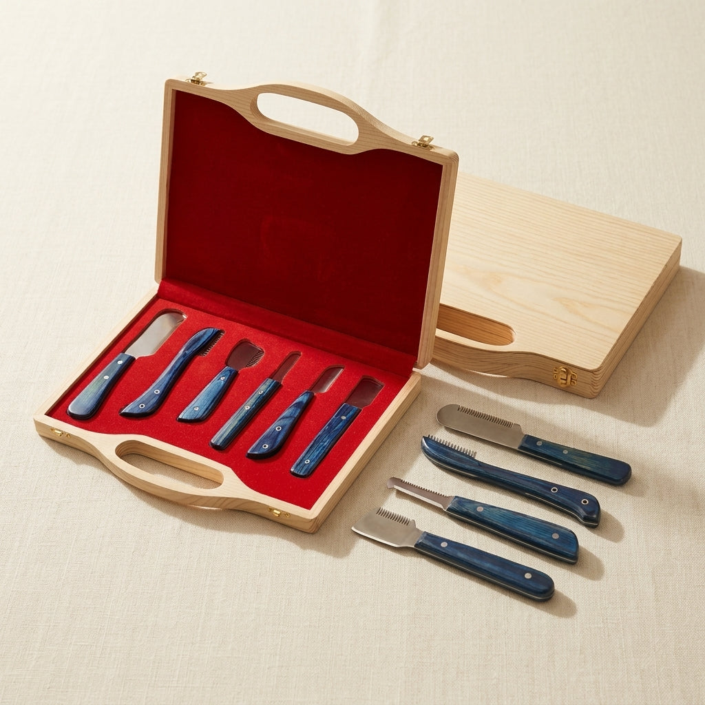Blue Colour 6-Piece Pets Grooming Stripping Knife Set, Stainless Steel Combs/ Brushes with Wooden Storage Box for Dogs and Cats, Right-Handed Design | Pet Grooming Tools | Toolsmith Ltd UK