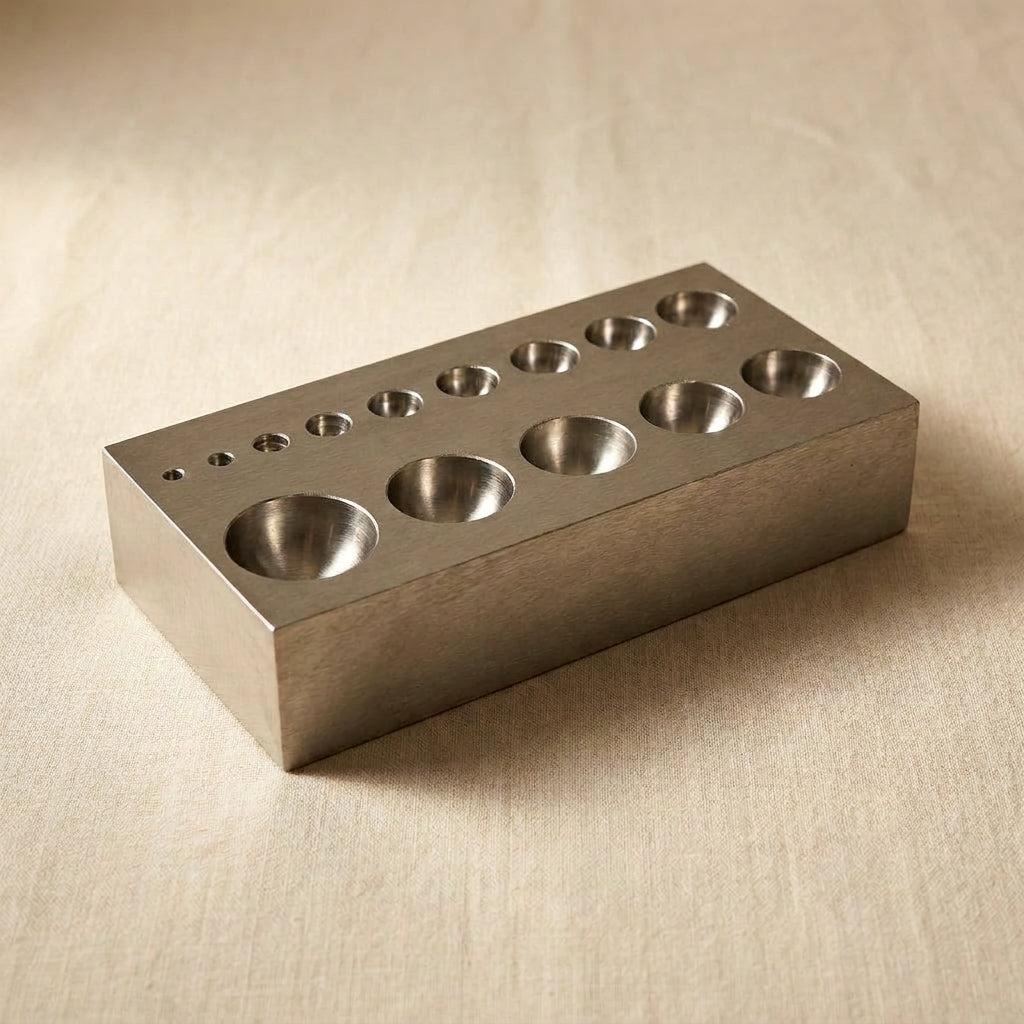 Flat Steel Dapping Block/ Plate, Hardened Steel, Jewellery Making Tool with 14 Half Spheres, 125mm x 65mm x 25mm | Jewellery Making Tools | Toolsmith Ltd UK