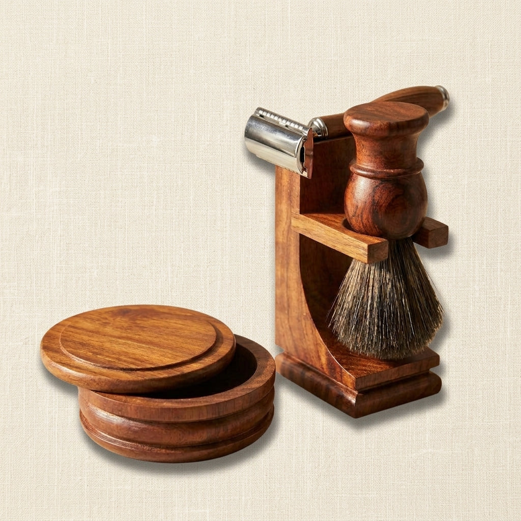 Premium 4 Piece Wooden Shaving Kit with Horse Hair Brush, Double Edge Razor, Stand and Soap Bowl, Natural Polished Wood | Pet Grooming Tools | Toolsmith Ltd UK