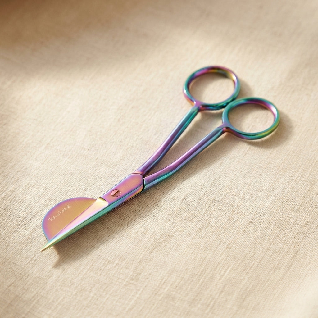 Rainbow Iridescent Half Duckbill Applique Scissors, 6 Inch, Stainless Steel, Double Bent Curved Offset Handle, for Embroidery, Fabric, Thread, Quilting, Sewing, Arts & Craft | Hobby & Craft Tools | Toolsmith Ltd UK