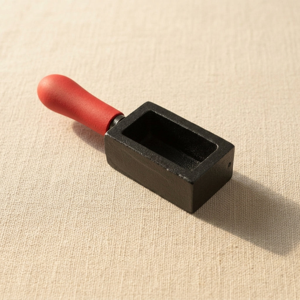 Small Cast Iron Ingot Mould for Gold and Silver Casting, Open Crucible Bar Mould with Red Handle, 70mm x 35mm x 27mm, Rectangular Scrap Metal Furnace Tool | Jewellery Making Tools | Toolsmith Ltd UK