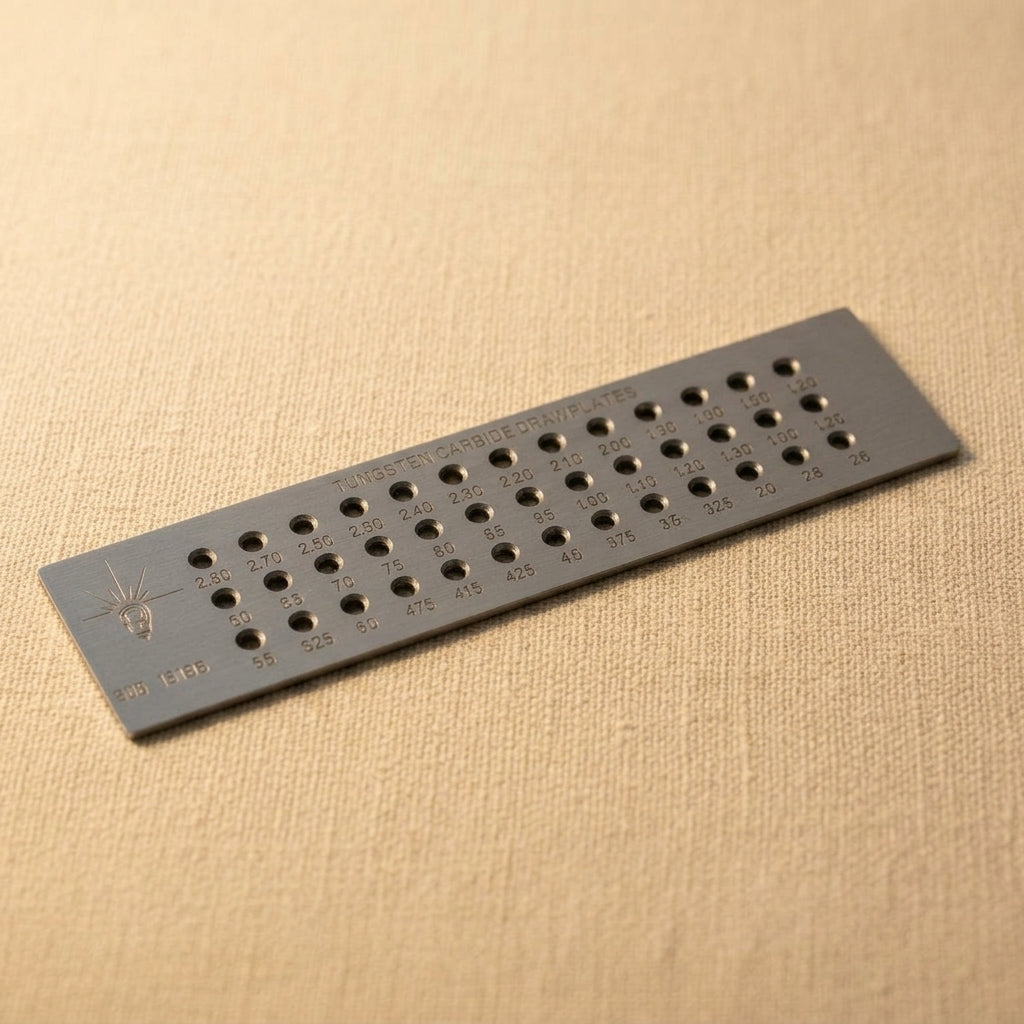 Tungsten Carbide Wire Draw Plate Jewellery Tool, 39 Holes, 0.26-2.80 mm Range, Professional Wires & Metal Working Equipment, 207 x 48 x 5 mm | Jewellery Making Tools | Toolsmith Ltd UK