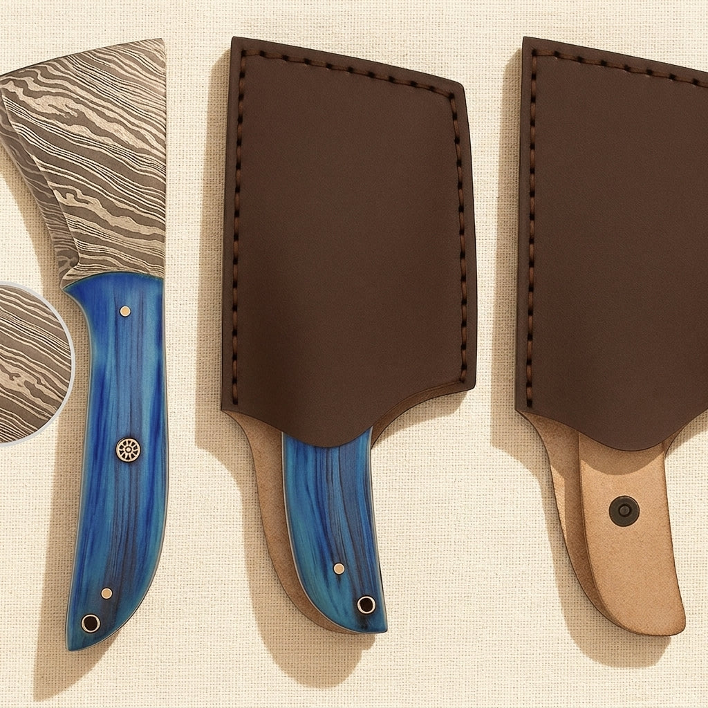 Saddler's Leather Skiving Tool, 7-inch Damascus Steel, with Wood and Brass Handle and Leather Sheath | Leather Skiving Knife | Toolsmith Ltd UK