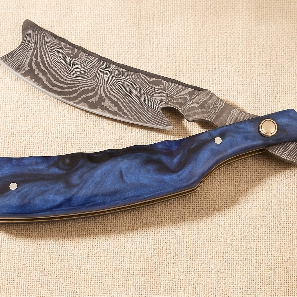 Straight Razor with 75 mm Damascus Steel Blade, Blue-Handled | Straight Razor | Toolsmith Ltd UK