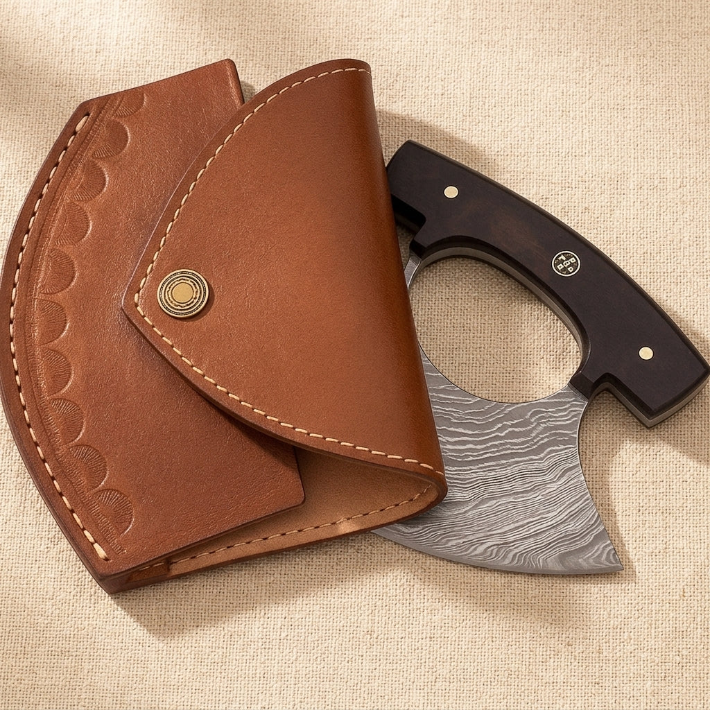 Ulu Knife with 6-inch Damascus Steel Blade, Rosewood Handle and Leather Sheath | Ulu Knife | Toolsmith Ltd UK