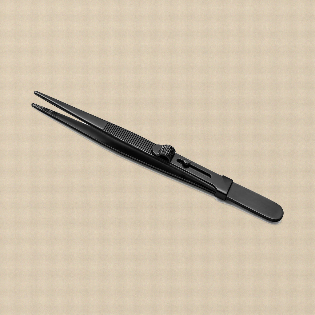Black anodised thumb locking tweezers with XL tips, 16.5 cm