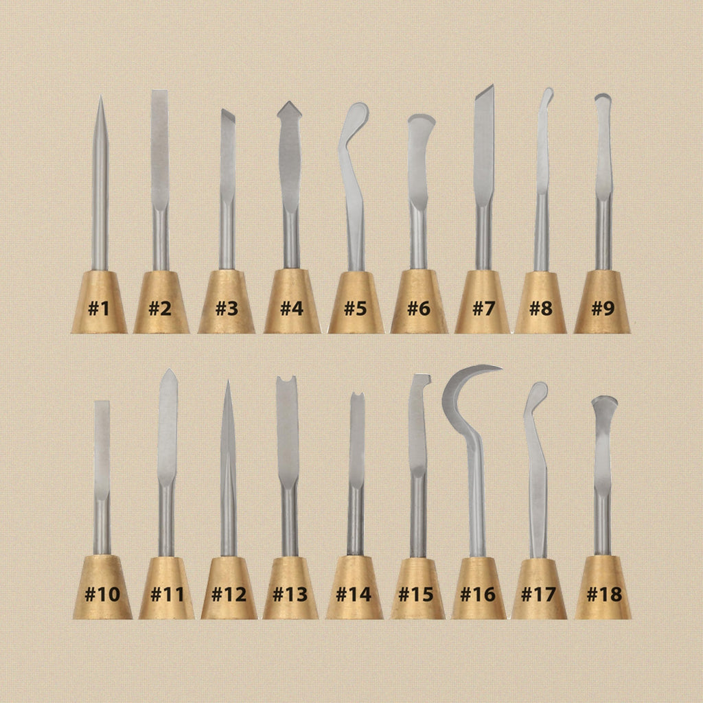 The eighteen wax carver profiles numbered 1 to 18