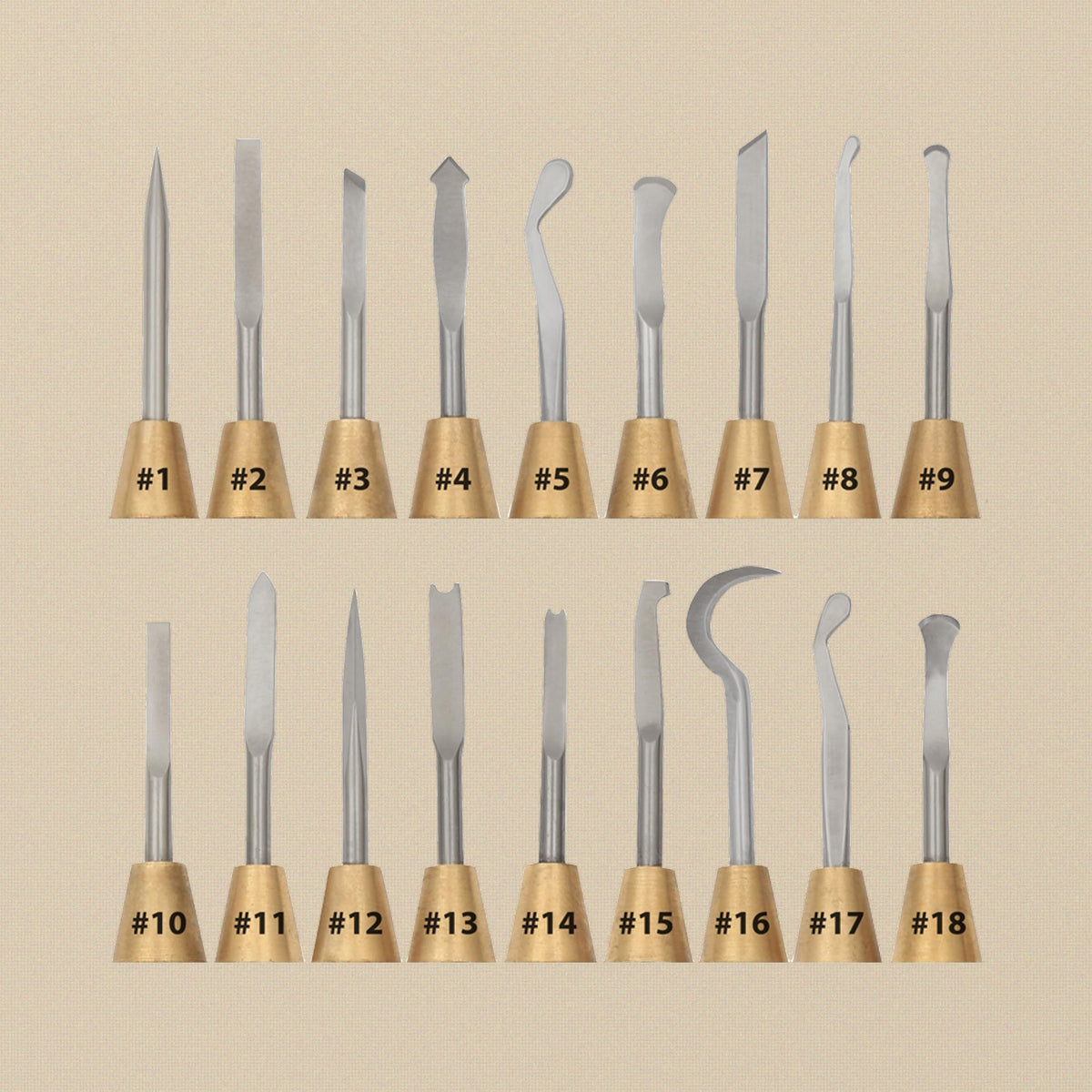 The eighteen wax carver profiles numbered 1 to 18