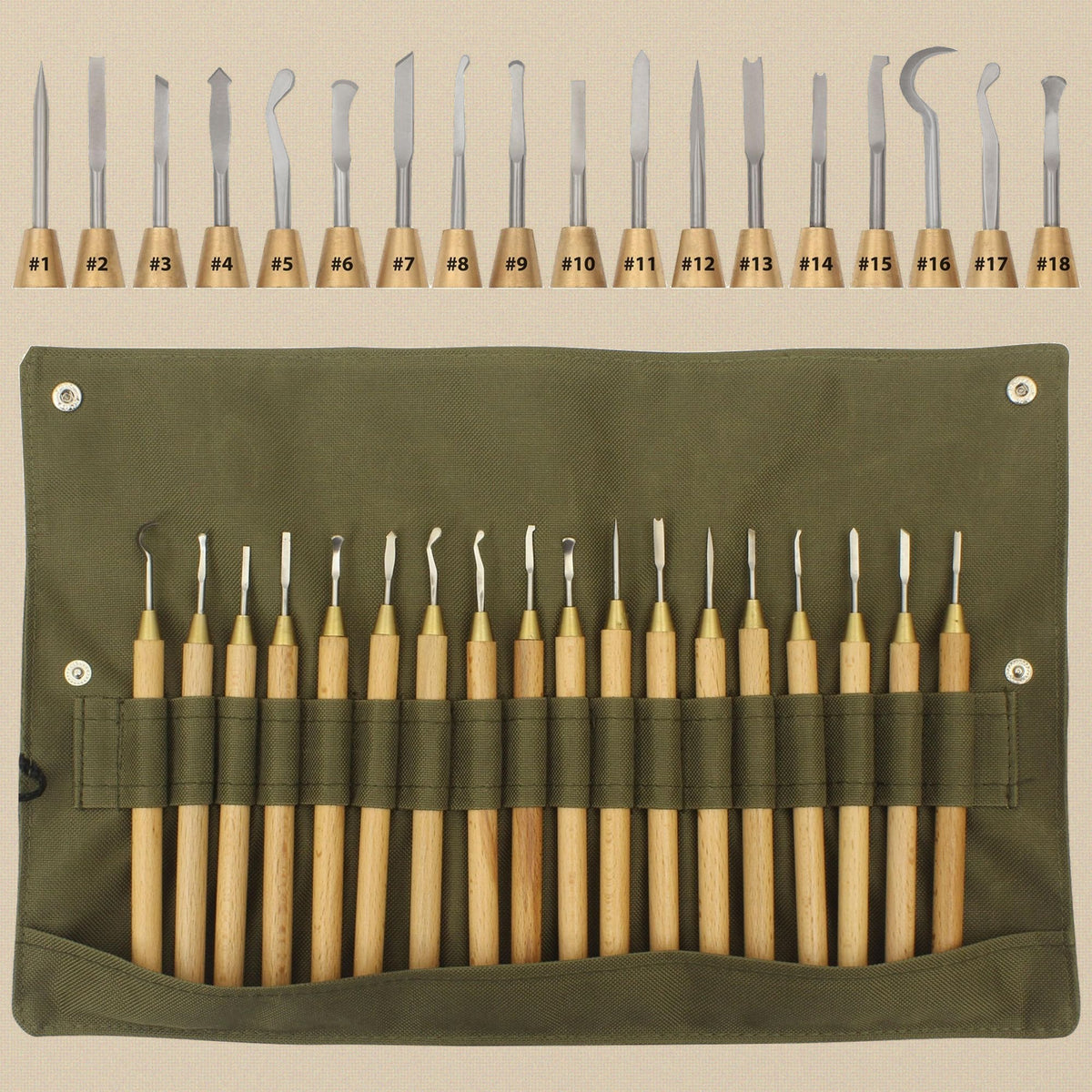 Wax carvers set in its open canvas roll with the profiles above