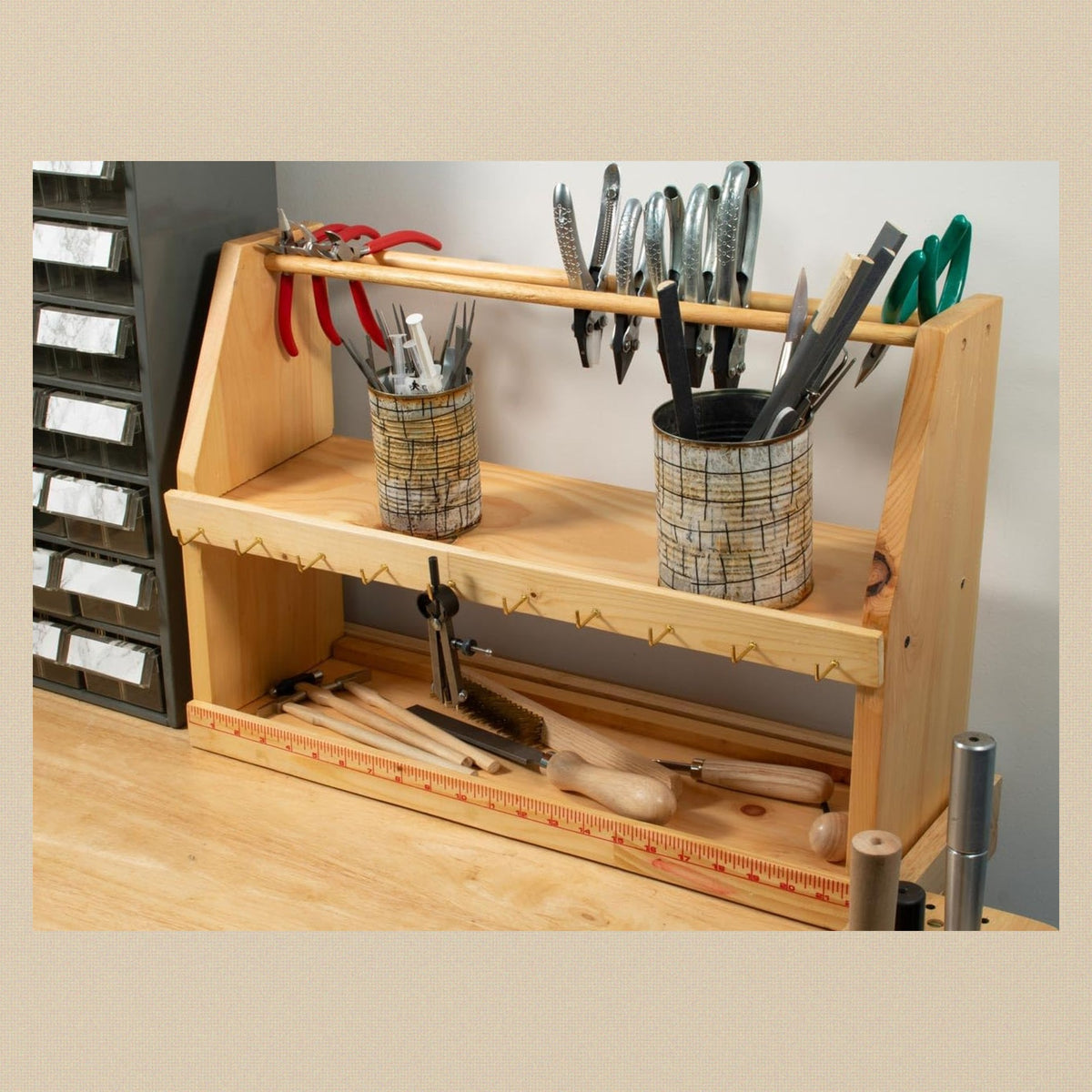 Wooden Jewellers Workbench Organiser, 570 x 380 x 100 mm, Bench Top Tool Rack with Two Shelves and Hook Rail | Jewellery Making Tools | Toolsmith Ltd UK