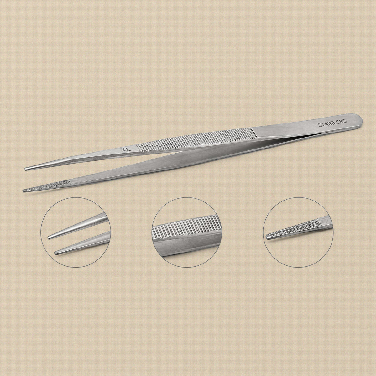 XL diamond tweezers with three round insets showing the tapered points, the ribbed grip and the serrated tip face