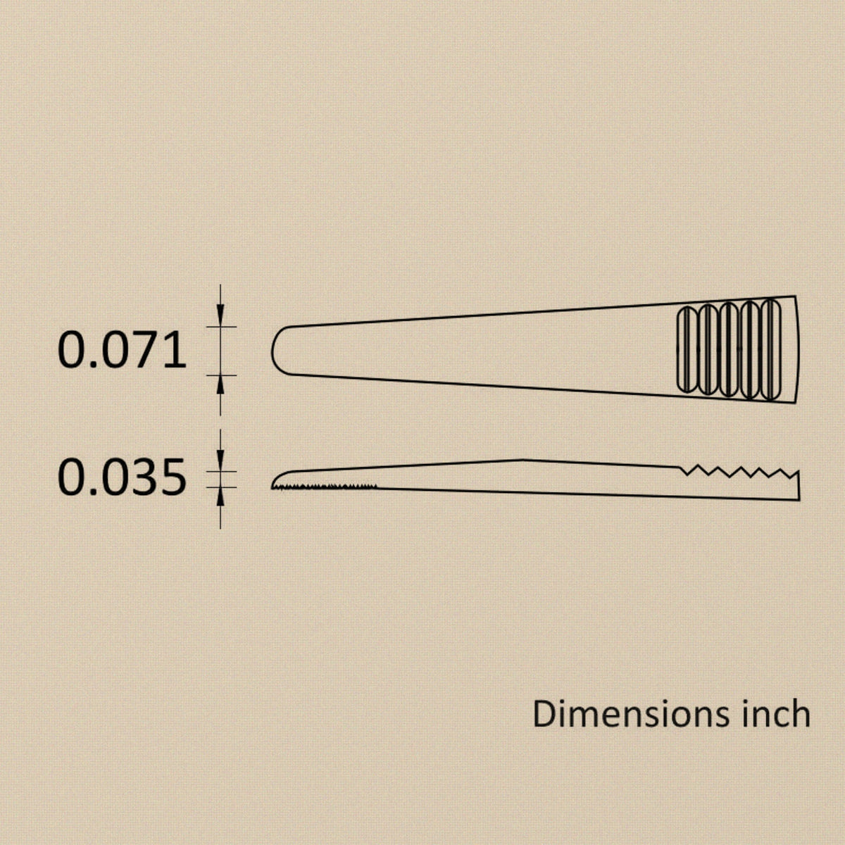 Dimension drawing of the XL tweezer tip in inches, 0.071 wide and 0.035 thick, with the serrated inner face shown