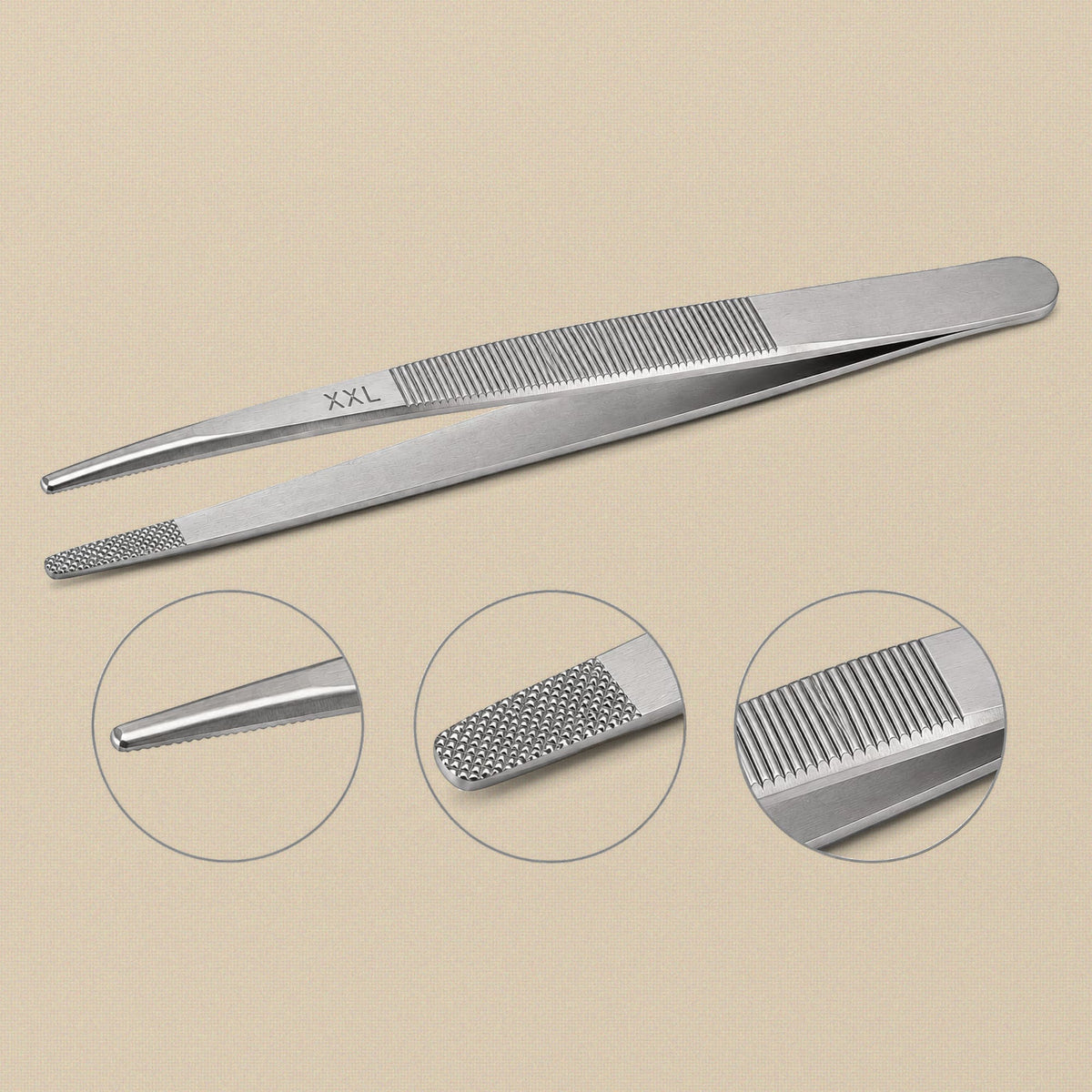 XXL diamond tweezers with three round insets showing the rounded point, the knurled tip face and the ribbed grip